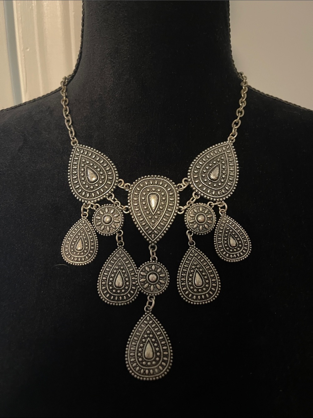 Silver-Tone Bohemian Teardrop Bib Necklace